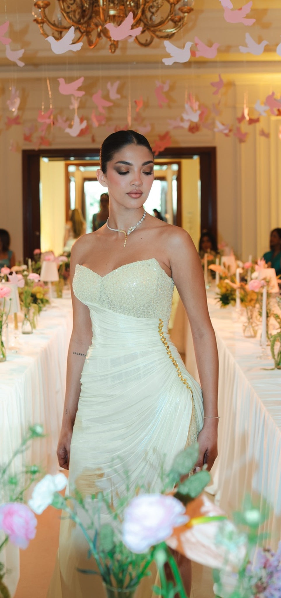 Butter Yellow Draped Beaded Corset Gown