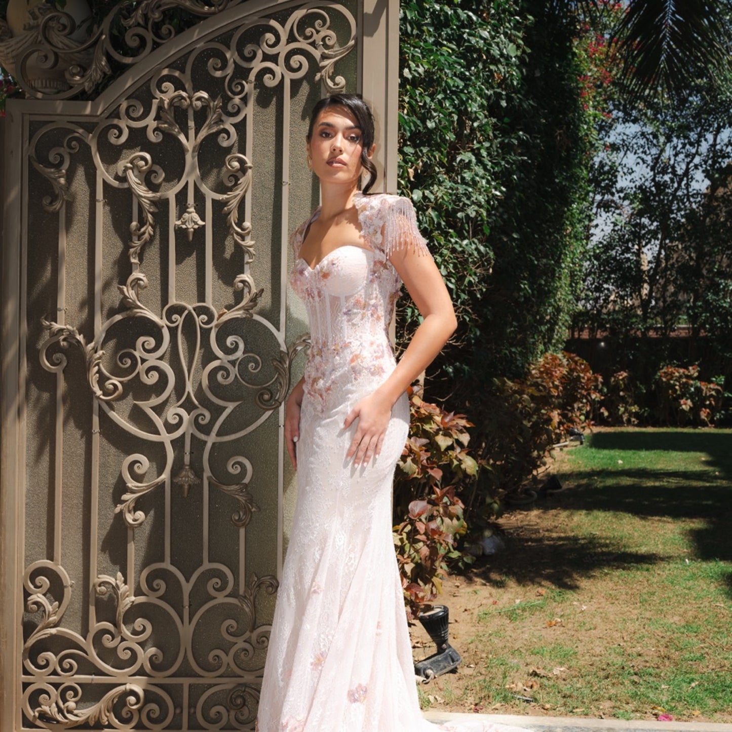 Blush Embellished Corset Gown with Beaded Fringe Shoulders