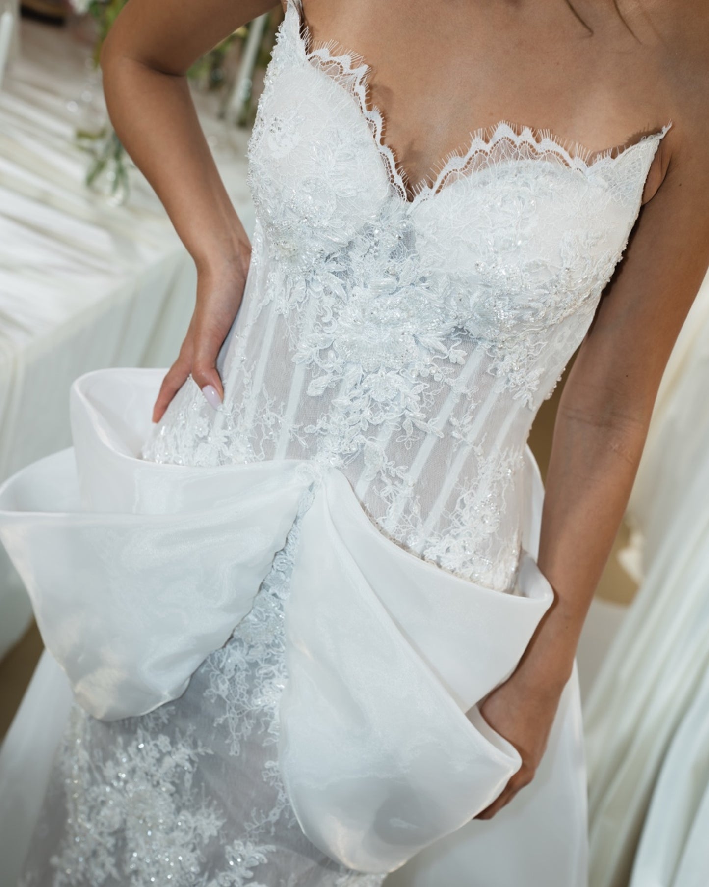 Ivory Embellished Corset Gown with Sculptural Bow