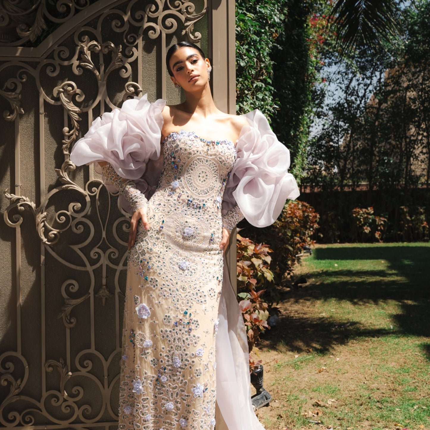 Lilac Crystal Embellished Couture Gown with Detachable Organza Cape & Beaded Sleeves