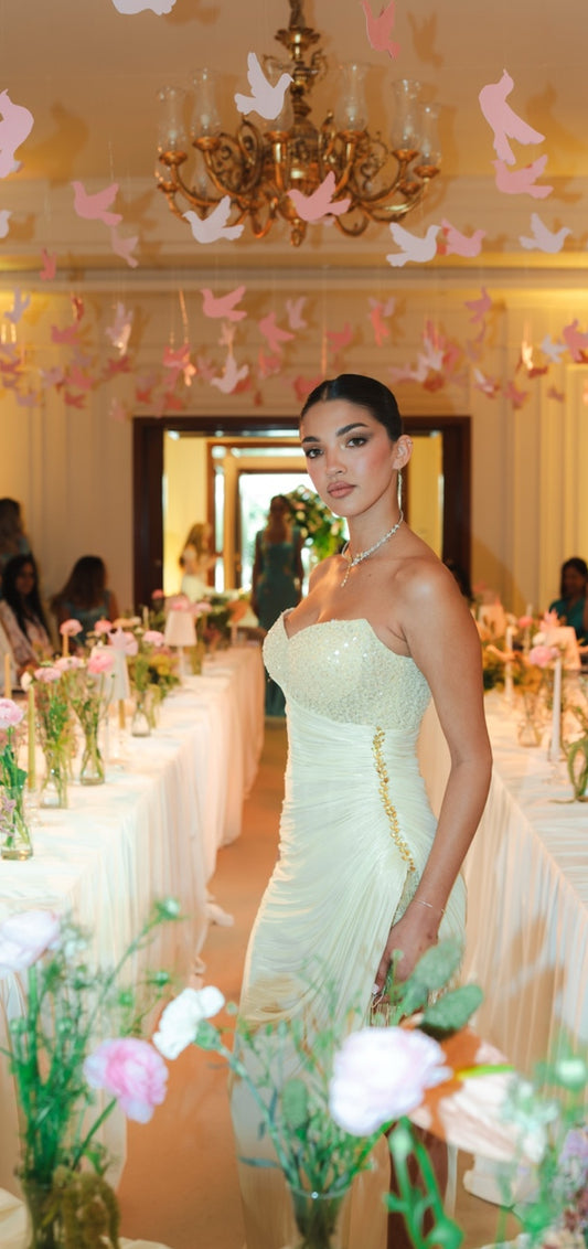 Butter Yellow Draped Beaded Corset Gown