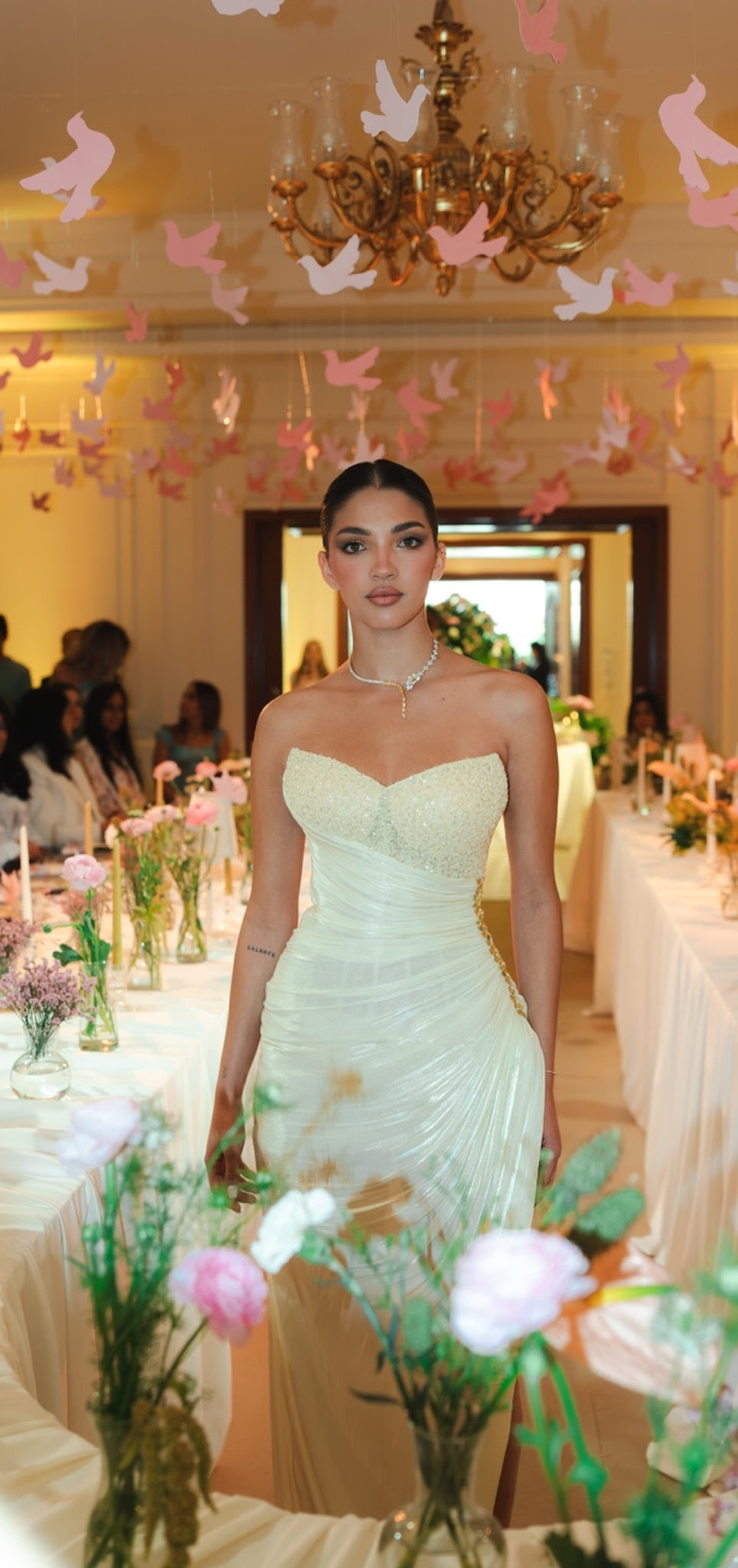 Butter Yellow Draped Beaded Corset Gown