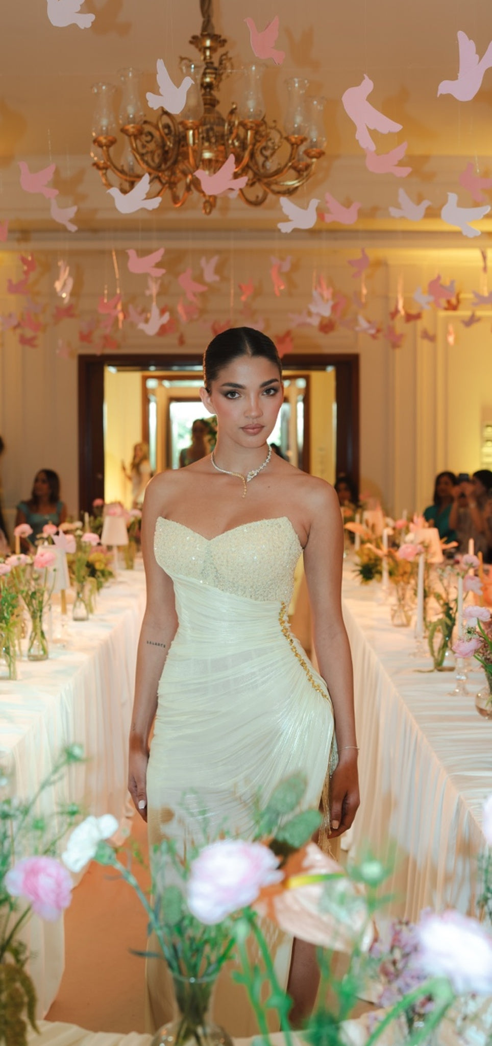 Butter Yellow Draped Beaded Corset Gown