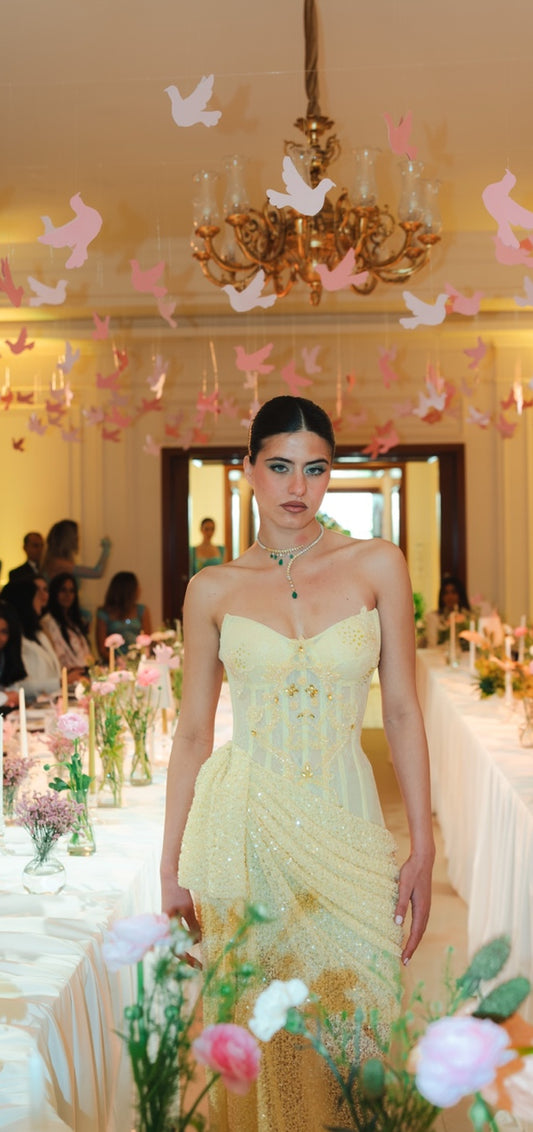 Butter Yellow Embellished Corset Draped Gown