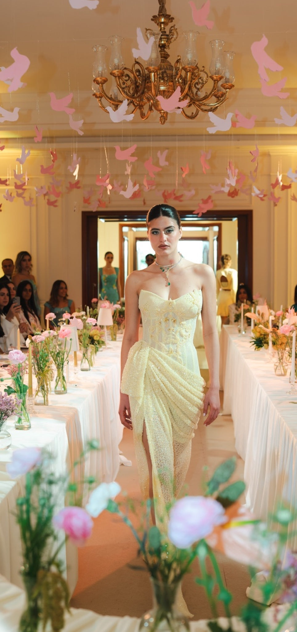Butter Yellow Embellished Corset Draped Gown