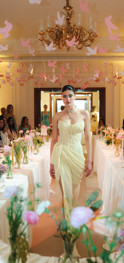 Butter Yellow Embellished Corset Draped Gown