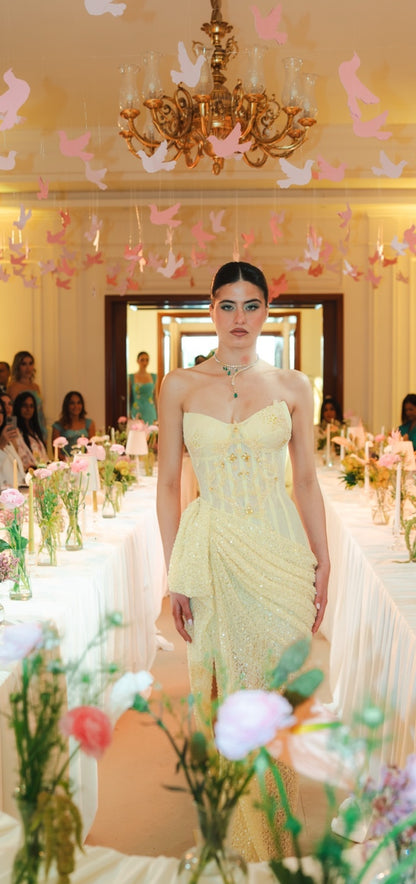 Butter Yellow Embellished Corset Draped Gown