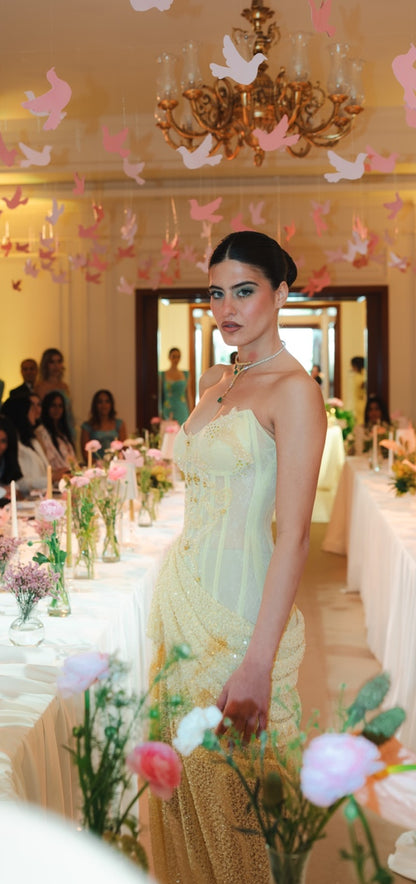 Butter Yellow Embellished Corset Draped Gown