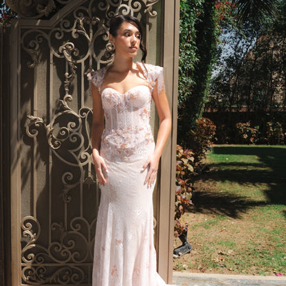 Blush Embellished Corset Gown with Beaded Fringe Shoulders