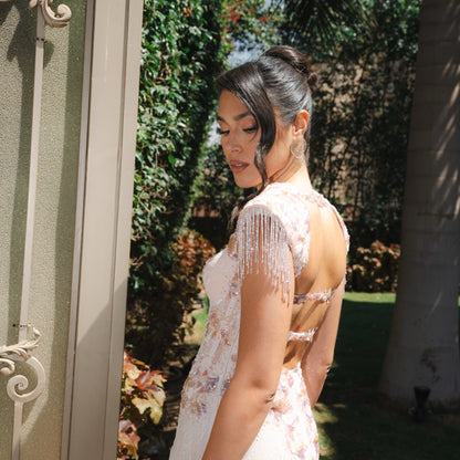 Blush Embellished Corset Gown with Beaded Fringe Shoulders