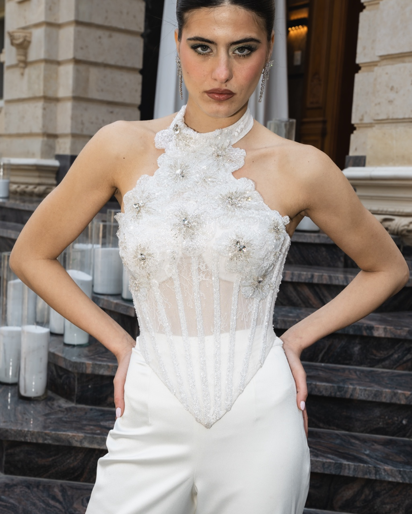 Ivory Beaded Floral Halter Corset Set