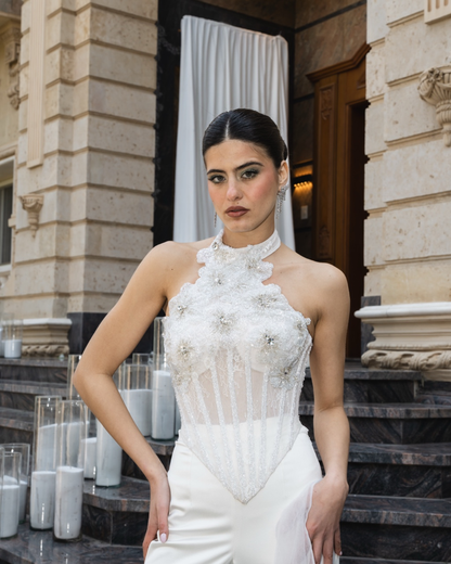 Ivory Beaded Floral Halter Corset Set