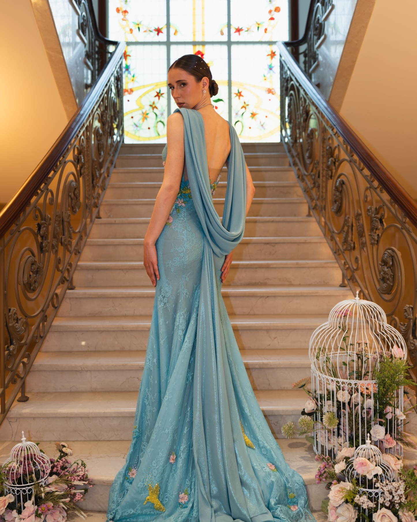 Azure Drape Embroidered Gown
