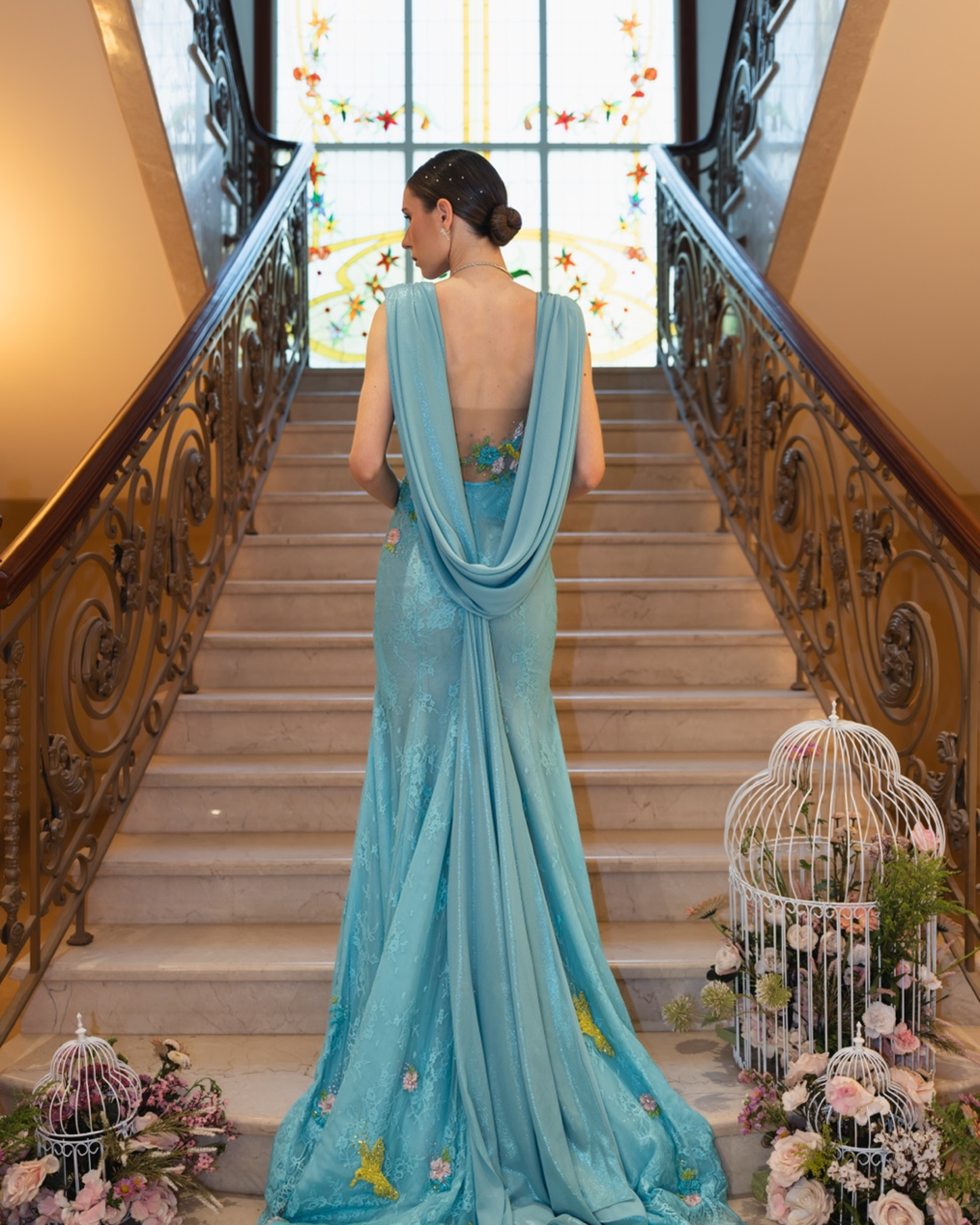 Azure Drape Embroidered Gown