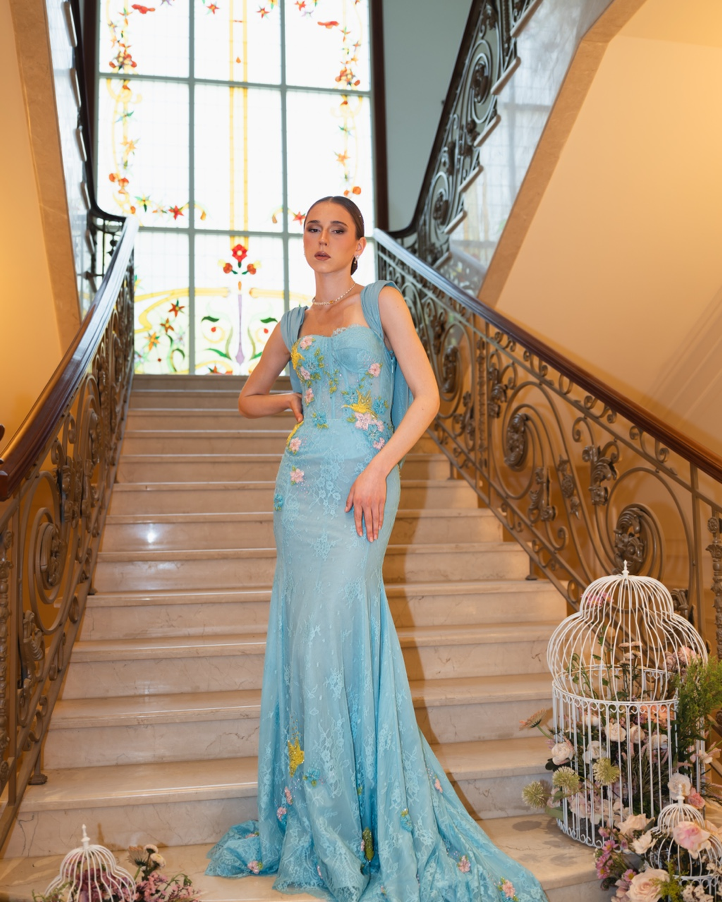 Azure Drape Embroidered Gown