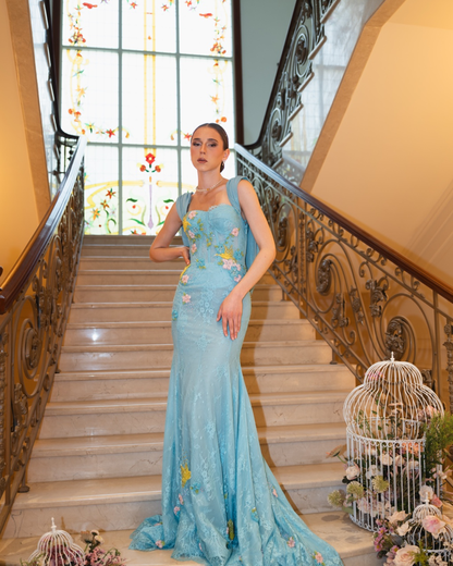 Azure Drape Embroidered Gown