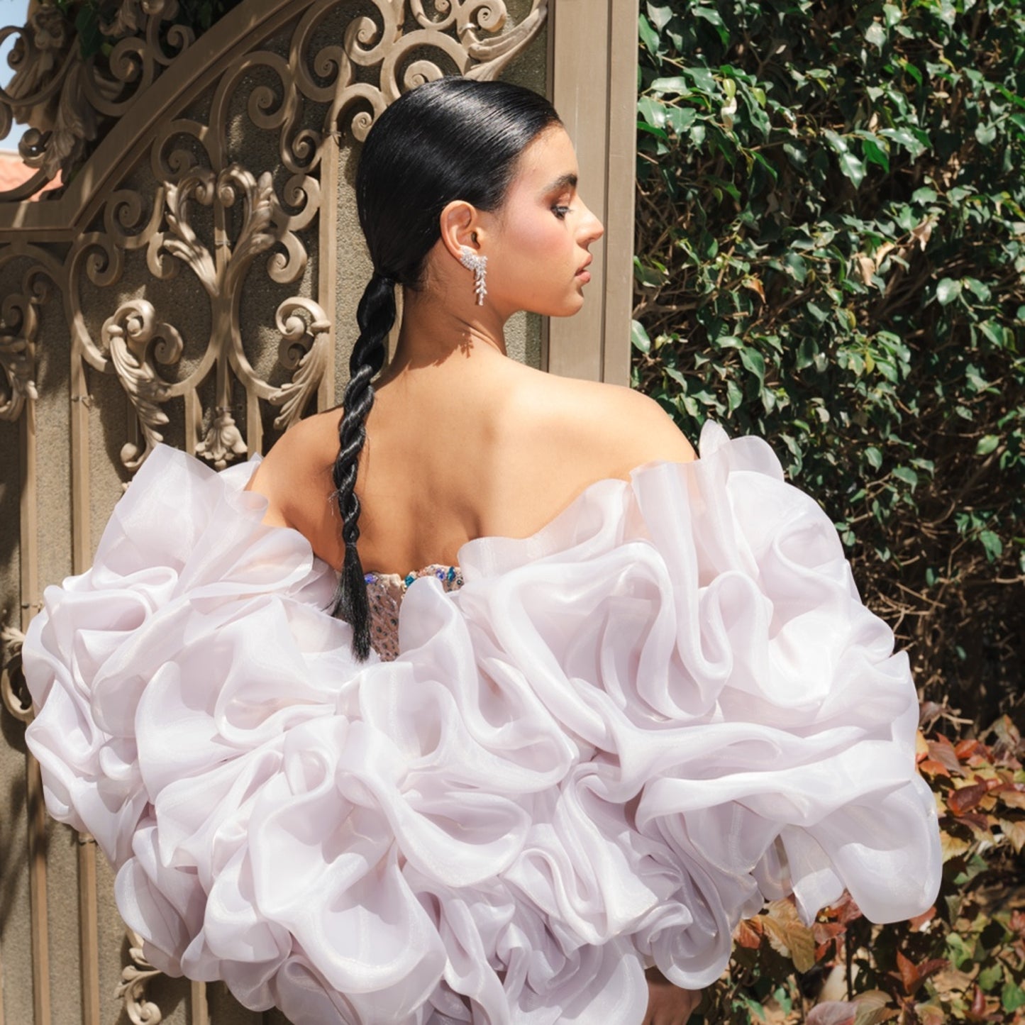 Lilac Crystal Embellished Couture Gown with Detachable Organza Cape & Beaded Sleeves