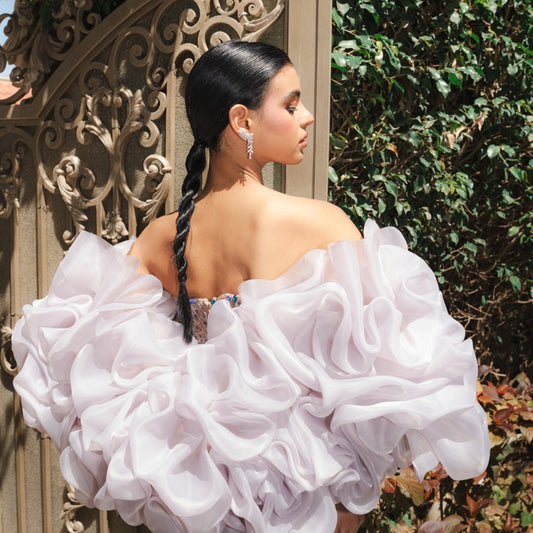 Lilac Crystal Embellished Couture Gown with Detachable Organza Cape & Beaded Sleeves