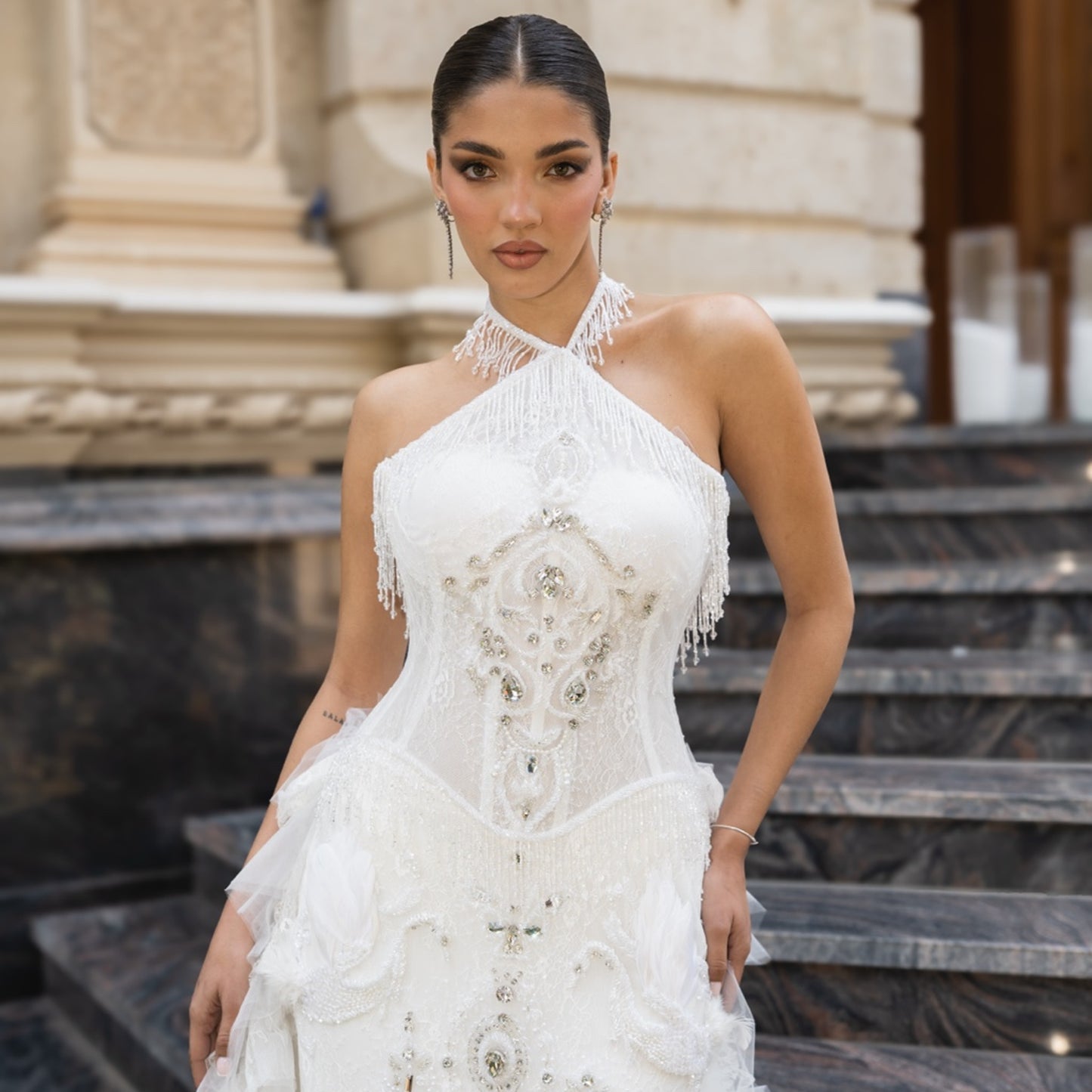 Ivory Embellished Halter Bridal Gown with French Lace & Tulle Ruffle Train