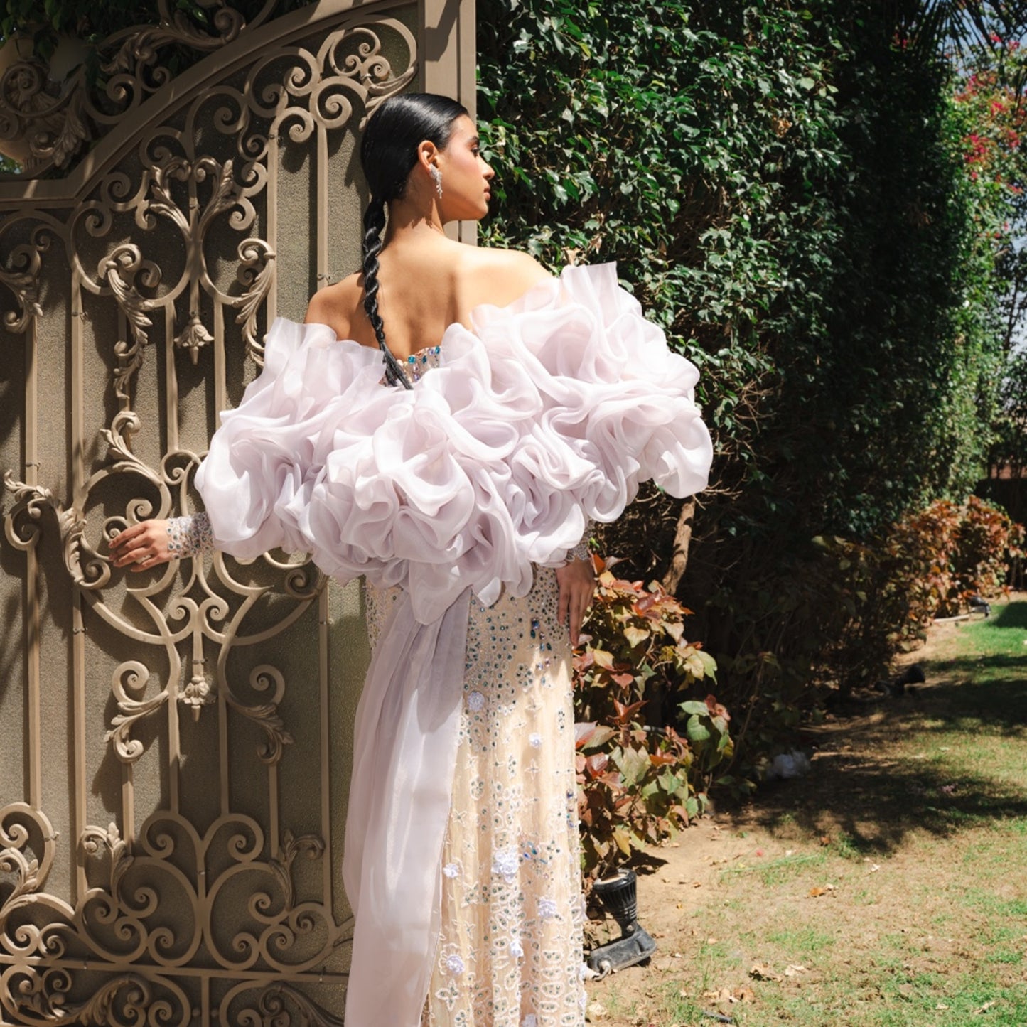Lilac Crystal Embellished Couture Gown with Detachable Organza Cape & Beaded Sleeves