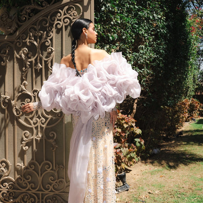 Lilac Crystal Embellished Couture Gown with Detachable Organza Cape & Beaded Sleeves