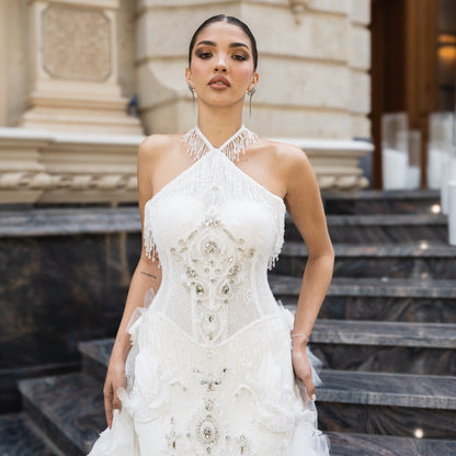 Ivory Embellished Halter Bridal Gown with French Lace & Tulle Ruffle Train