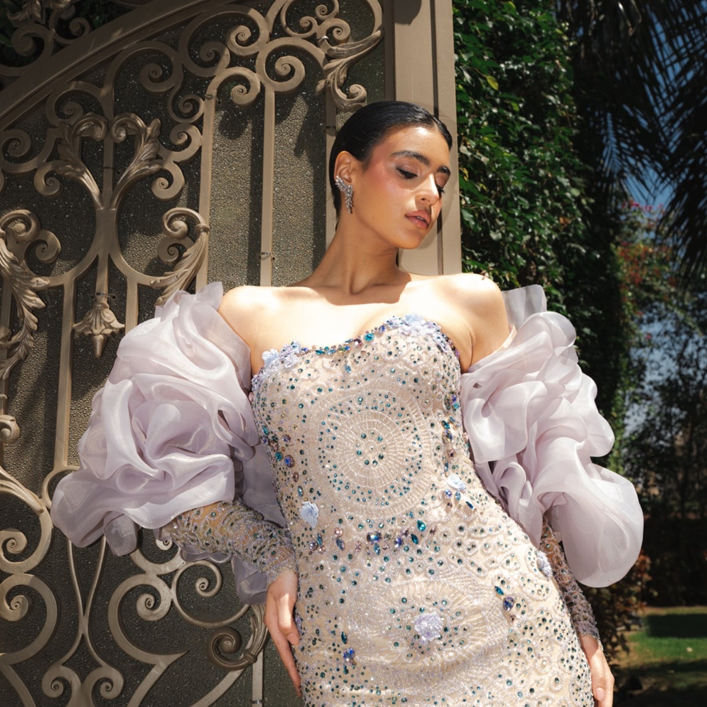 Lilac Crystal Embellished Couture Gown with Detachable Organza Cape & Beaded Sleeves