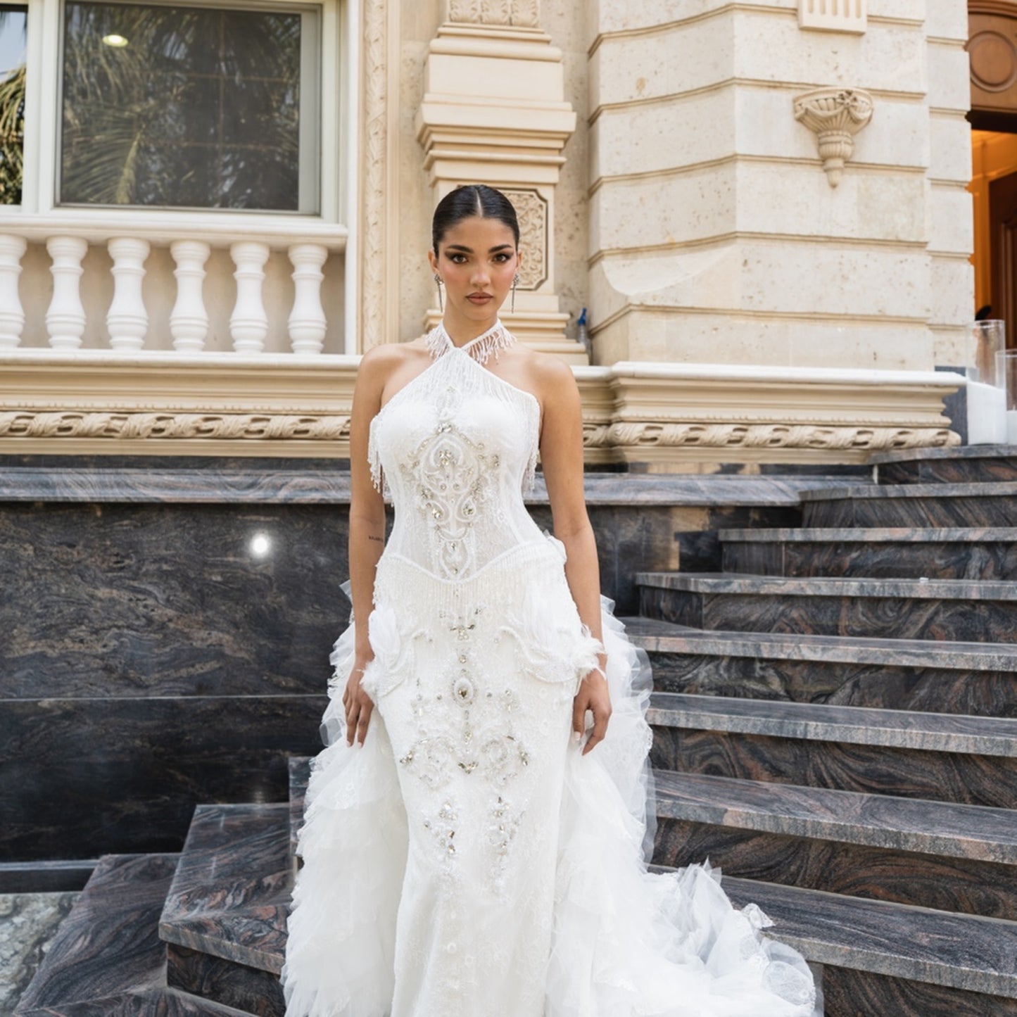 Ivory Embellished Halter Bridal Gown with French Lace & Tulle Ruffle Train