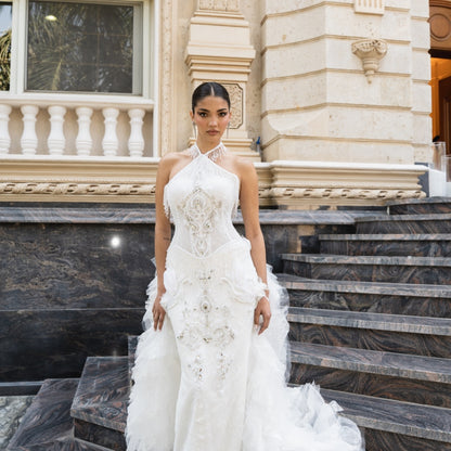 Ivory Embellished Halter Bridal Gown with French Lace & Tulle Ruffle Train
