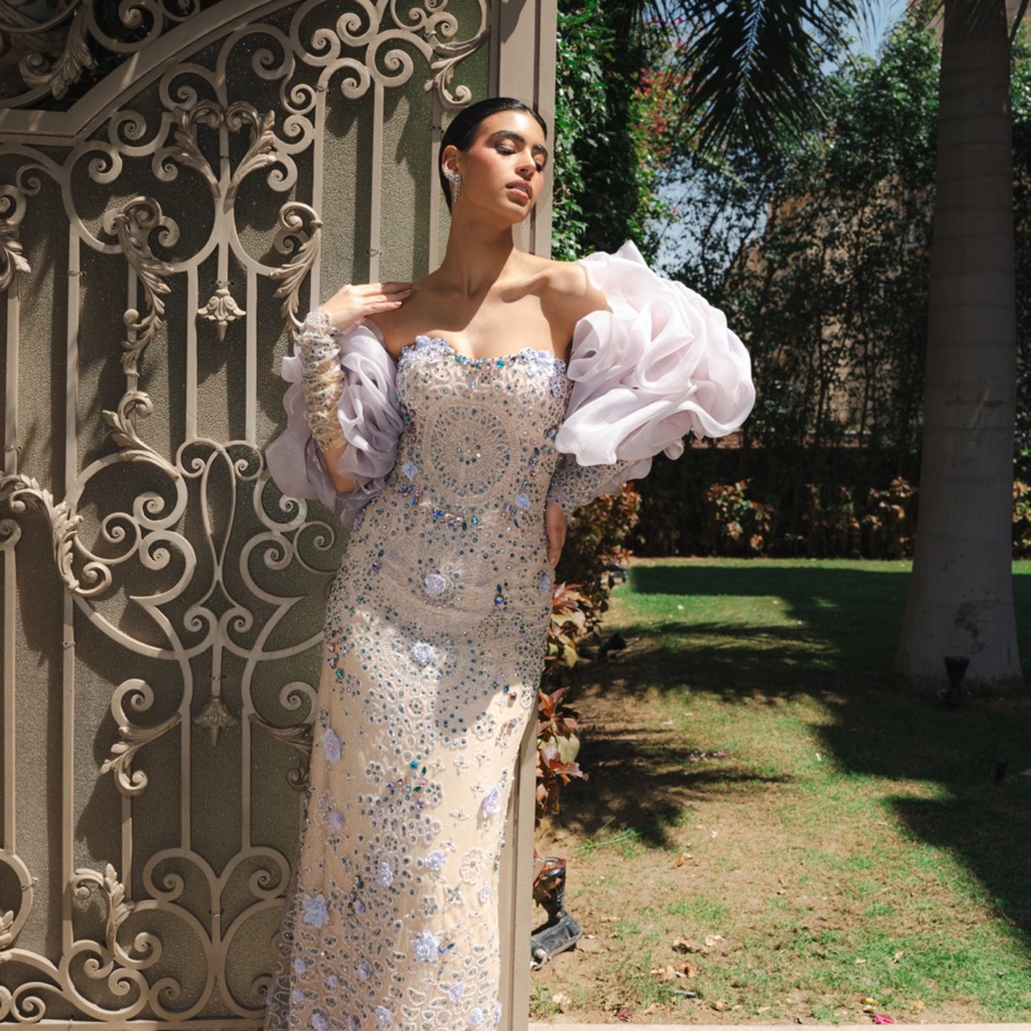 Lilac Crystal Embellished Couture Gown with Detachable Organza Cape & Beaded Sleeves
