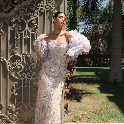 Lilac Crystal Embellished Couture Gown with Detachable Organza Cape & Beaded Sleeves