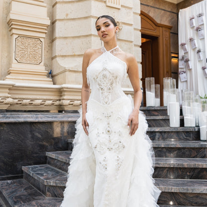 Ivory Embellished Halter Bridal Gown with French Lace & Tulle Ruffle Train