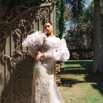 Lilac Crystal Embellished Couture Gown with Detachable Organza Cape & Beaded Sleeves