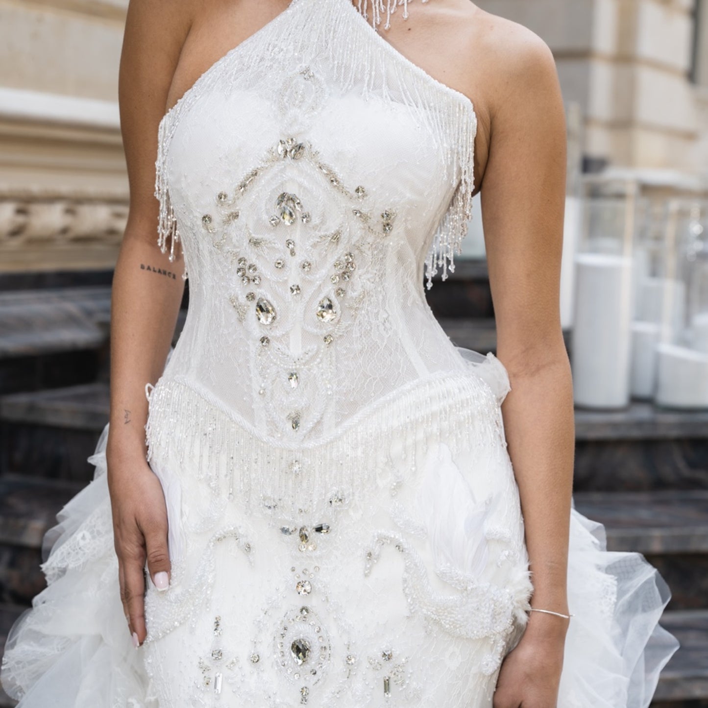 Ivory Embellished Halter Bridal Gown with French Lace & Tulle Ruffle Train