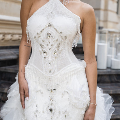 Ivory Embellished Halter Bridal Gown with French Lace & Tulle Ruffle Train