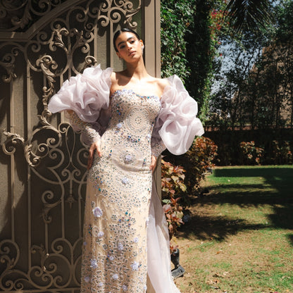 Lilac Crystal Embellished Couture Gown with Detachable Organza Cape & Beaded Sleeves