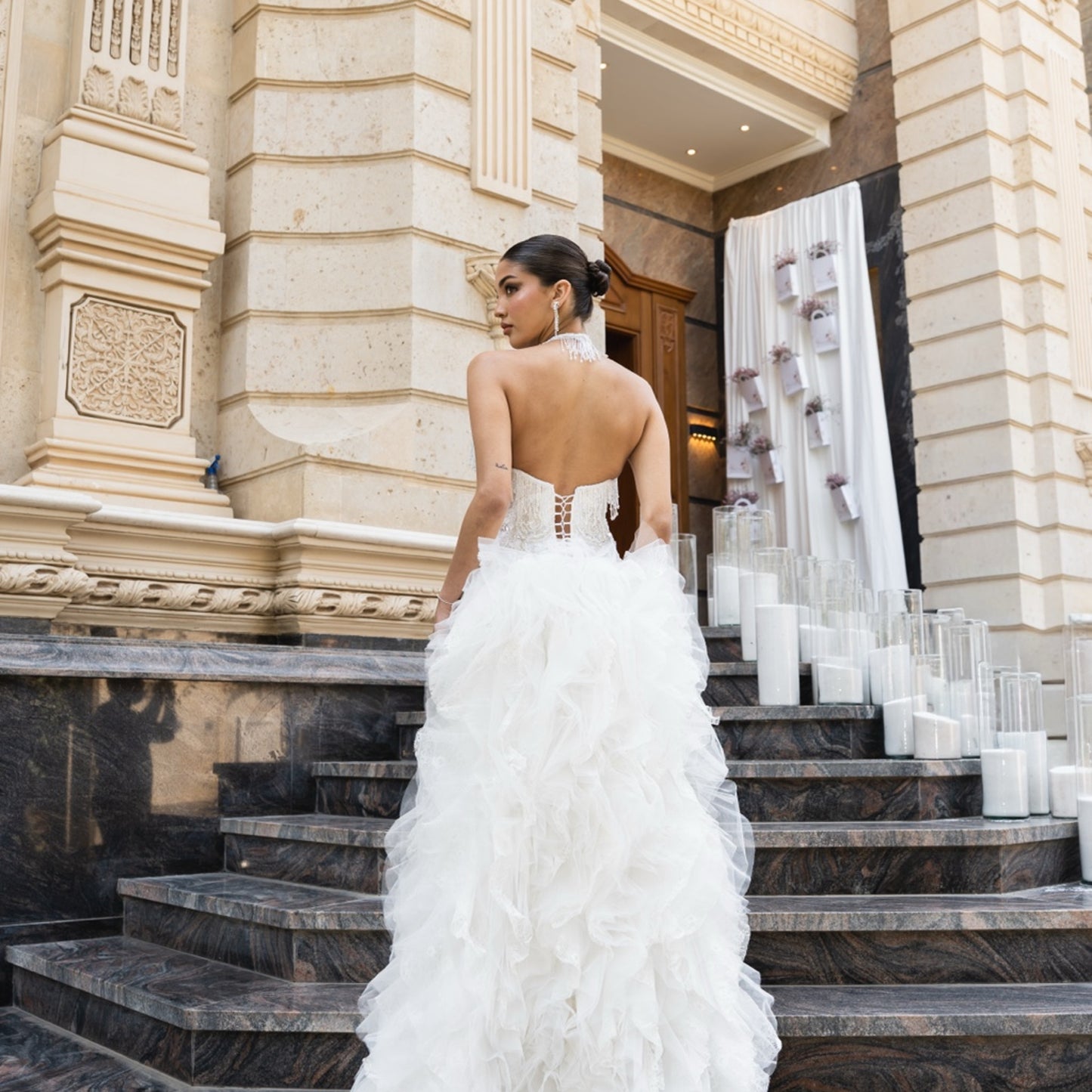 Ivory Embellished Halter Bridal Gown with French Lace & Tulle Ruffle Train