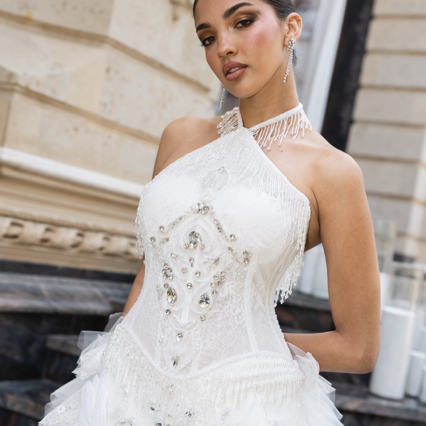 Ivory Embellished Halter Bridal Gown with French Lace & Tulle Ruffle Train