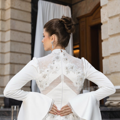 Ivory Embellished Corset Gown with Sculpted Sleeves