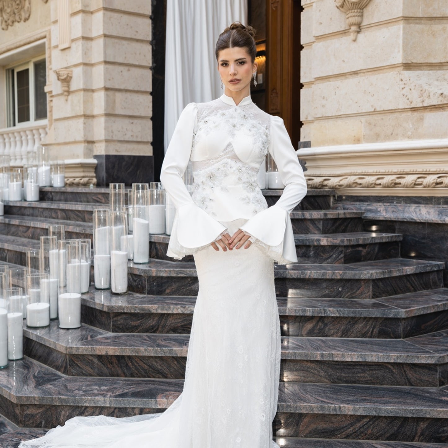 Ivory Embellished Corset Gown with Sculpted Sleeves