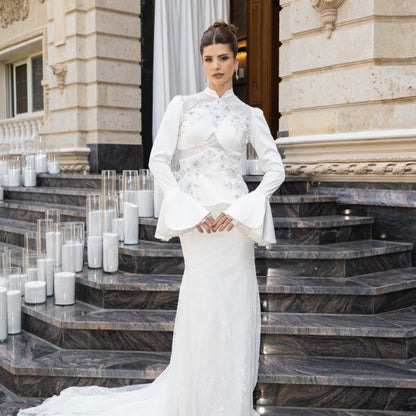 Ivory Embellished Corset Gown with Sculpted Sleeves
